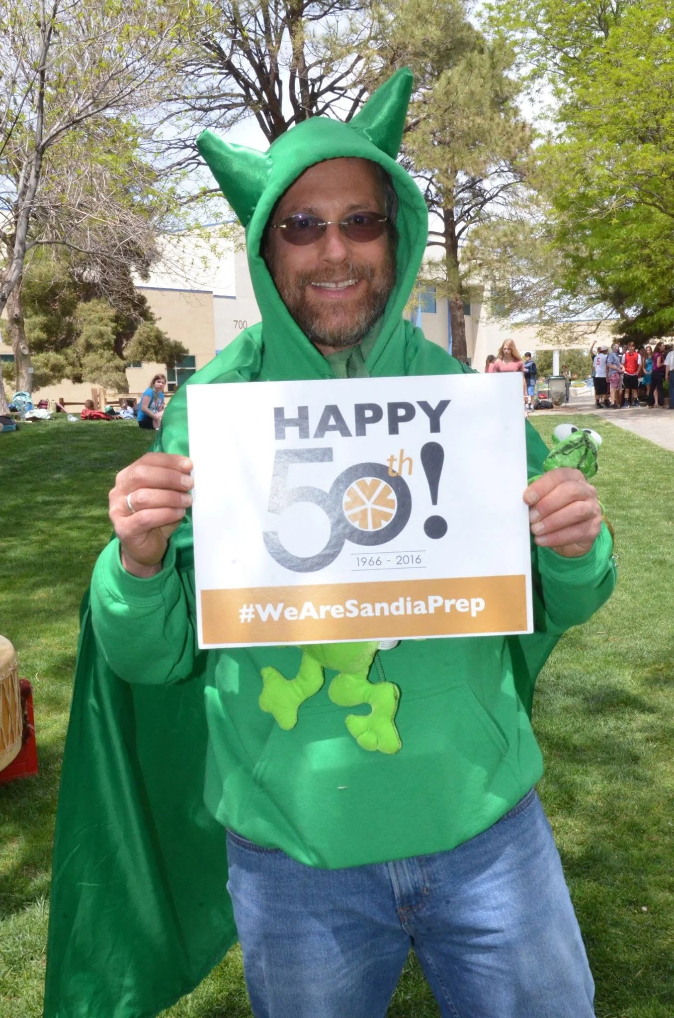 Dr. Chuck Buxbaum celebrates Prep's 50th anniversity  in his GreenDevils costume.