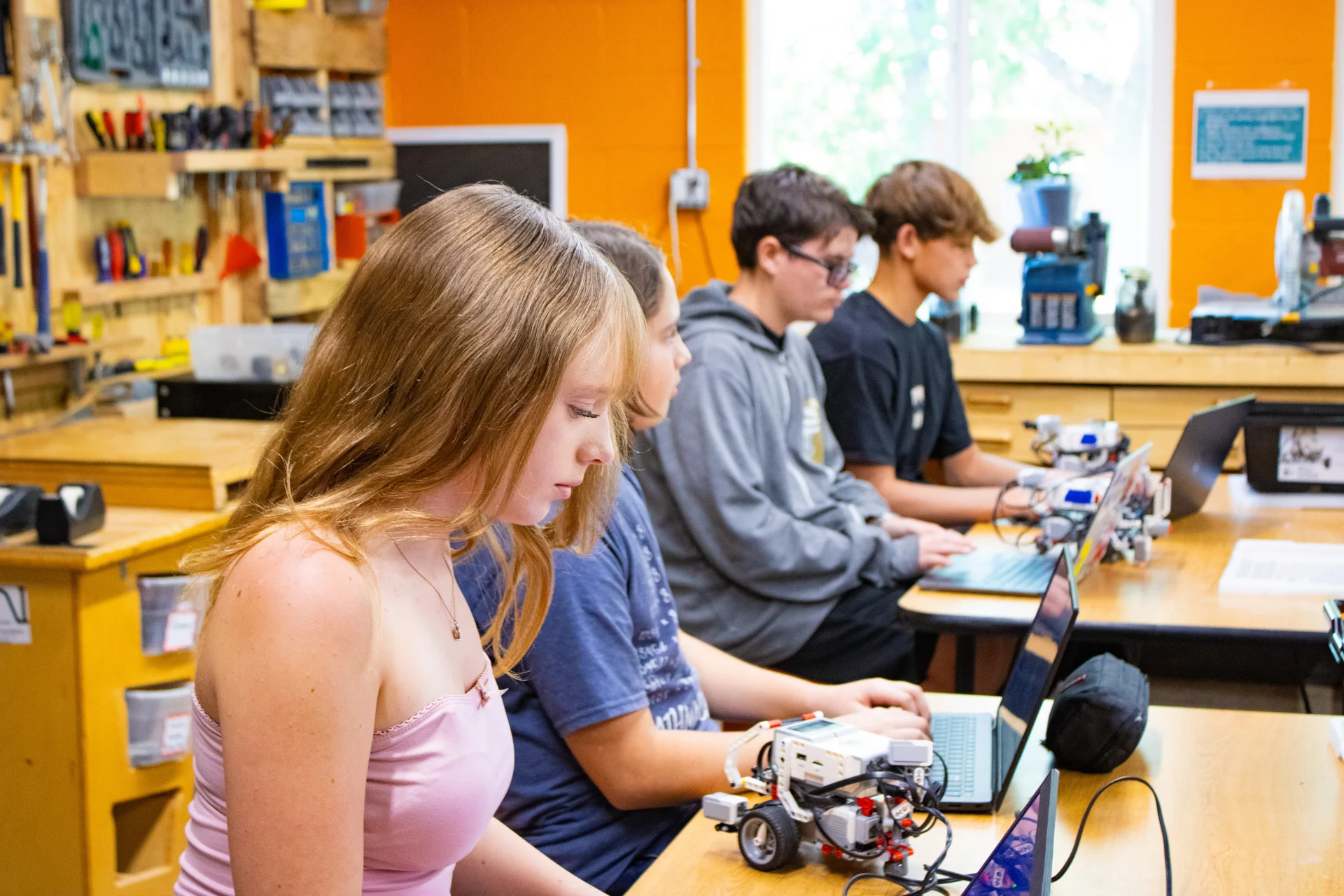 Robotics students working