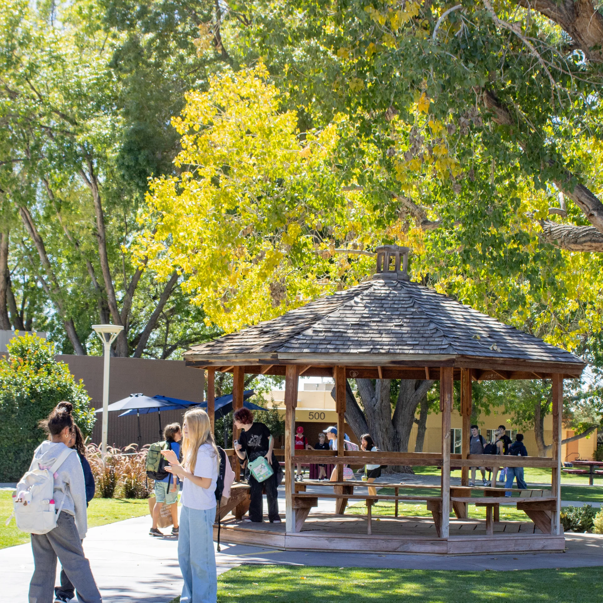 students on quad near gazebo